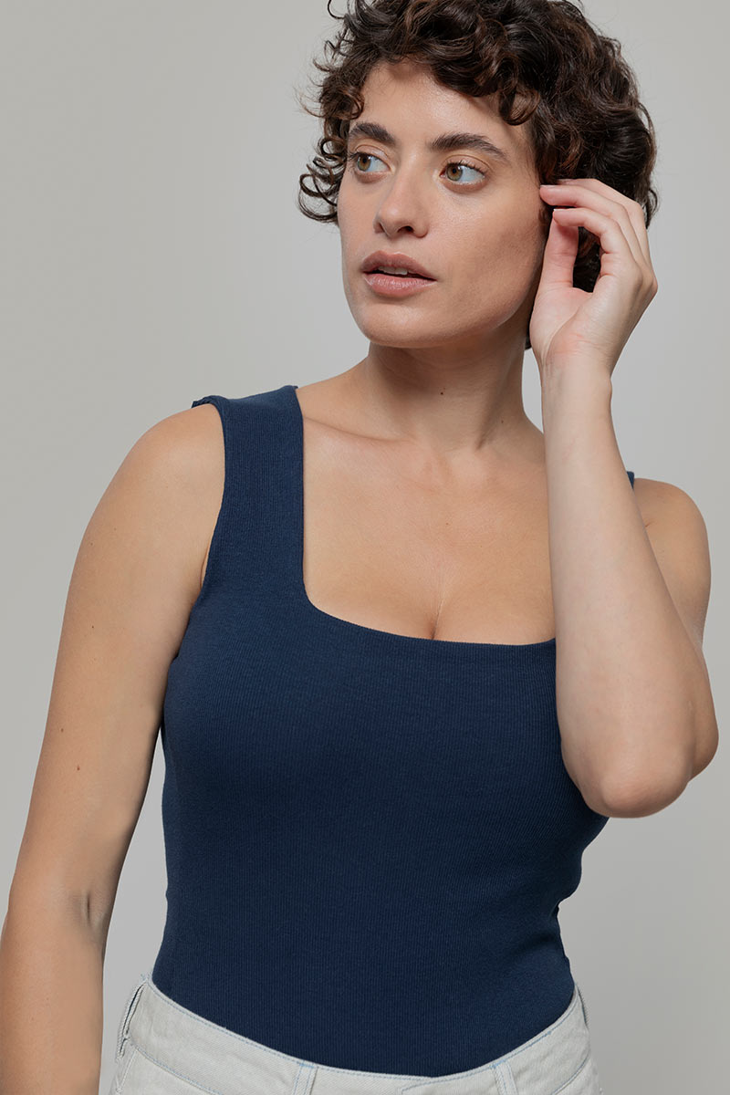 Body Donna Cotone Rigenerato Iolanda Blu - Rifò Lab Moda circolare made in Italy