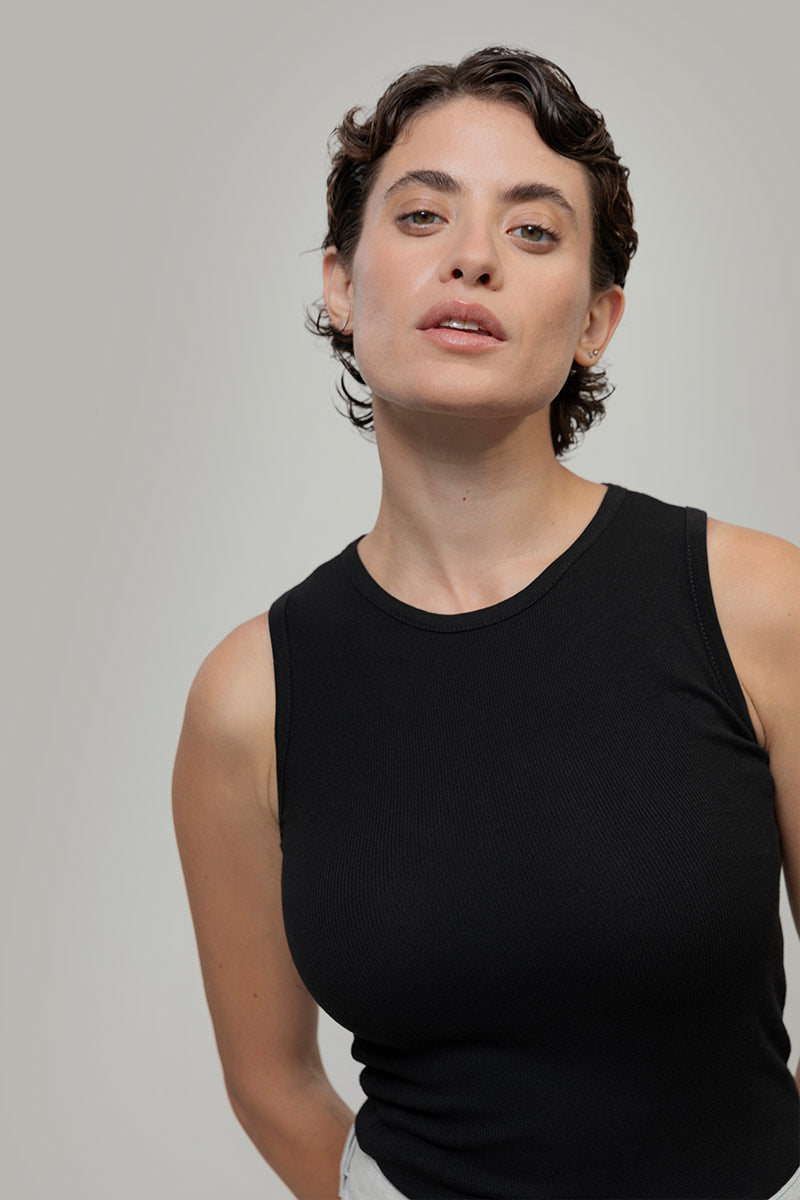 Nero Corvino | Canotta Donna Cotone Rigenerato Irene - Rifò Lab Moda circolare made in Italy