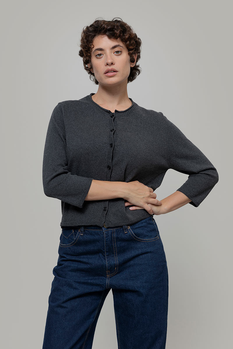 Cardigan Donna Manica Media Cotone Rigenerato Leda grigio nero - Rifò Lab Moda circolare made in Italy