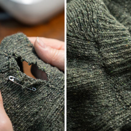Prima e dopo. Prima: il maglione ha un buco vicino al collo. Dopo: il buco è completamente chiuso