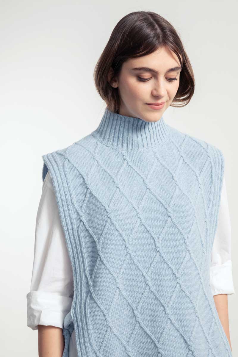 Gilet Collo Alto Lana Rigenerata Delia Azzurro