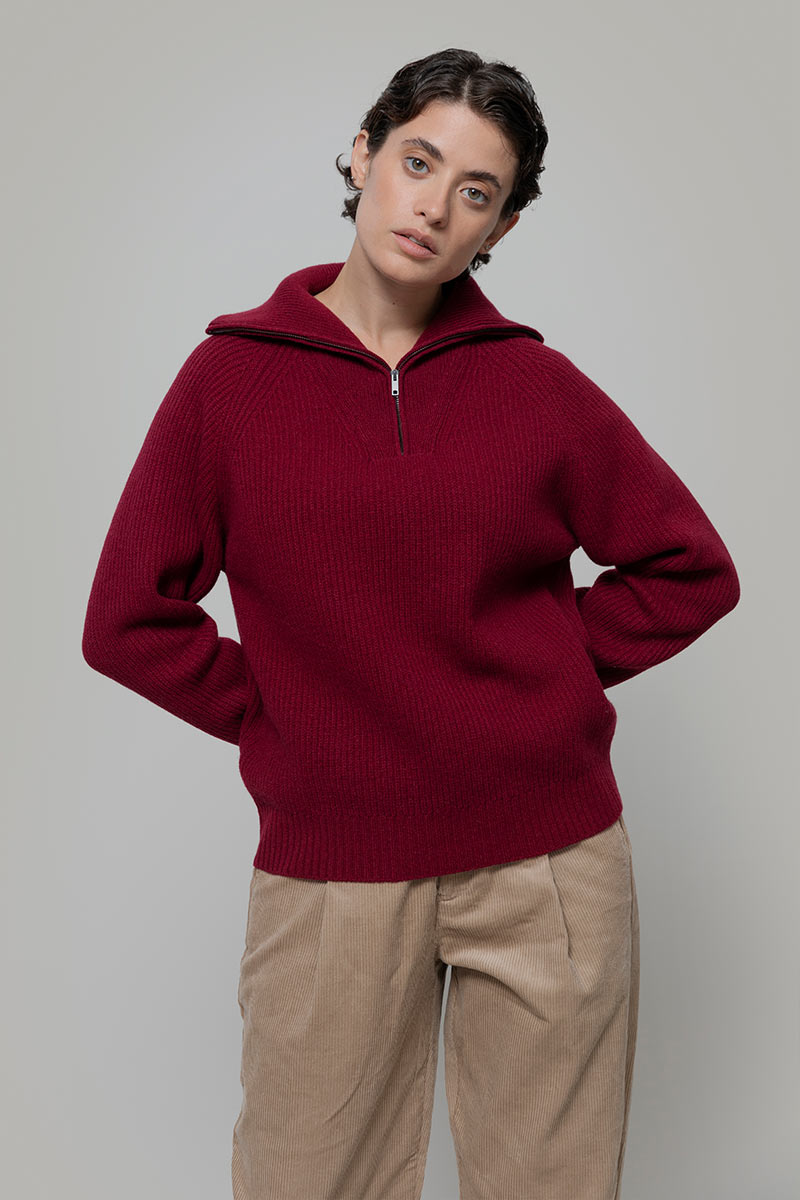 Women Half-zip Turtleneck Sweater Recycled Wool Red - Rifò