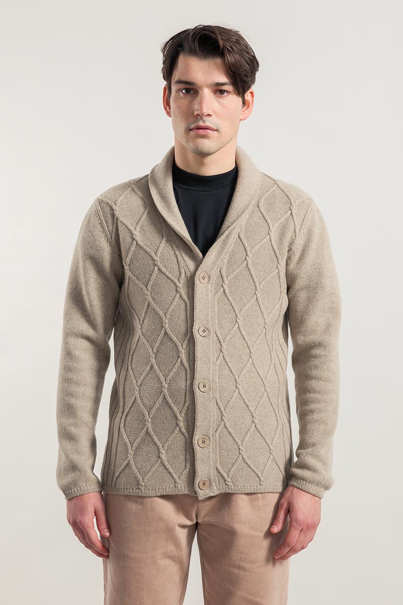 Men s Cardigan 100 Regenerated Wool Ambrogio Beige Sustainable Fashion Rifo