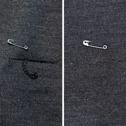 Servizio di riparazione, nella foto c'è un prima e un dopo di un buco in un maglione