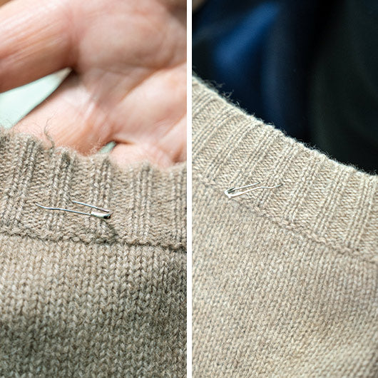 Servizio di riparazione, nella foto c'è un prima e un dopo di un difetto in un maglione