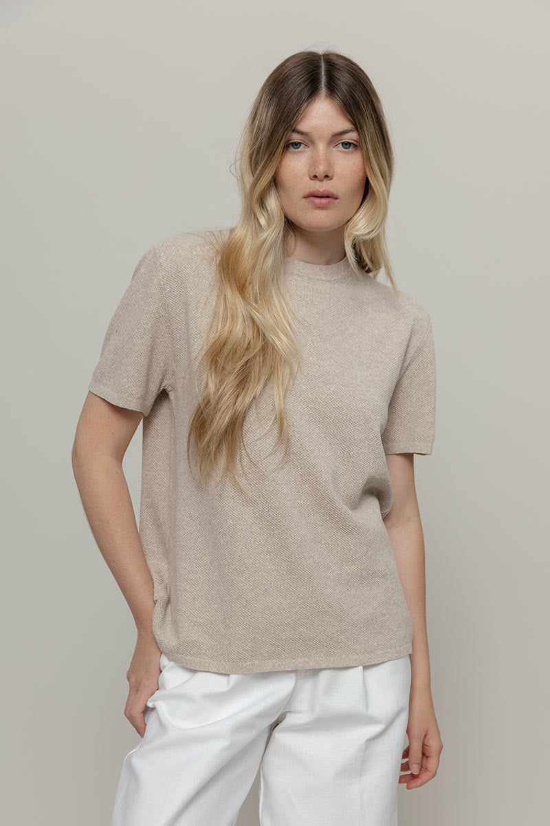 T shirt in Maglia Donna Cotone Rigenerato Carlotta Beige RifΓ²