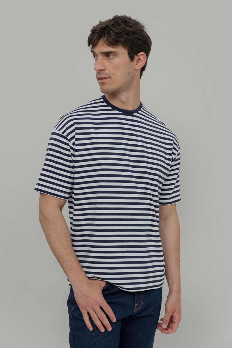 T-Shirt Uomo Manica Corta A Righe Blu Navy E Bianche – Cotone O-Collo Estivo