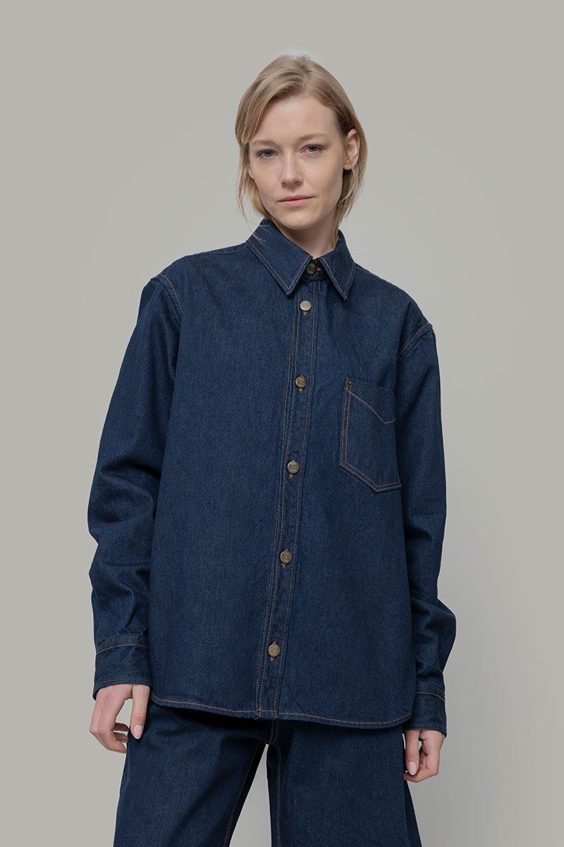 Overshirt Giacca Denim Rigenerato Unisex Remi Blu Indigo - Rifò Lab Moda circolare made in Italy