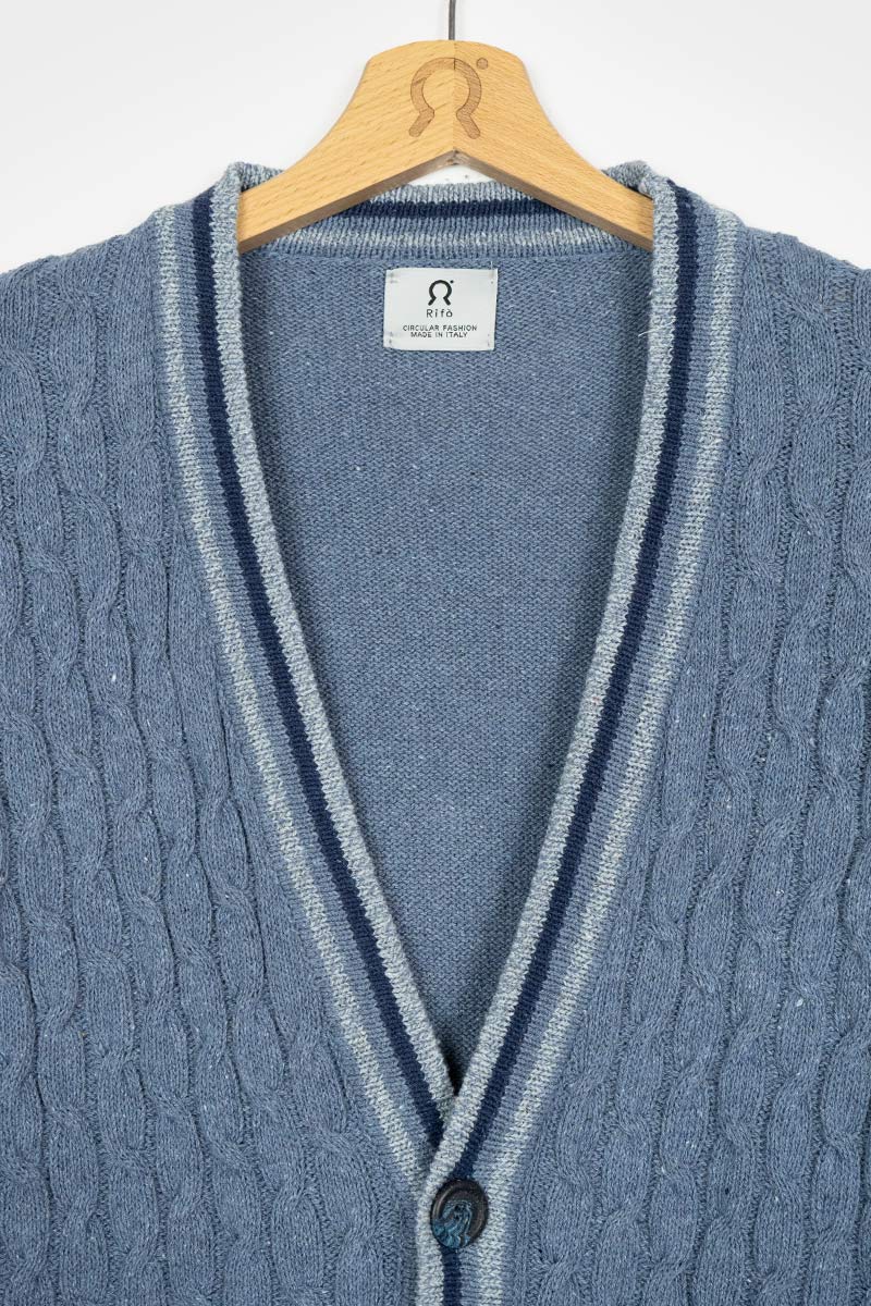 Blu Atlantico | Cardigan trecce over cotone jeans rigenerato