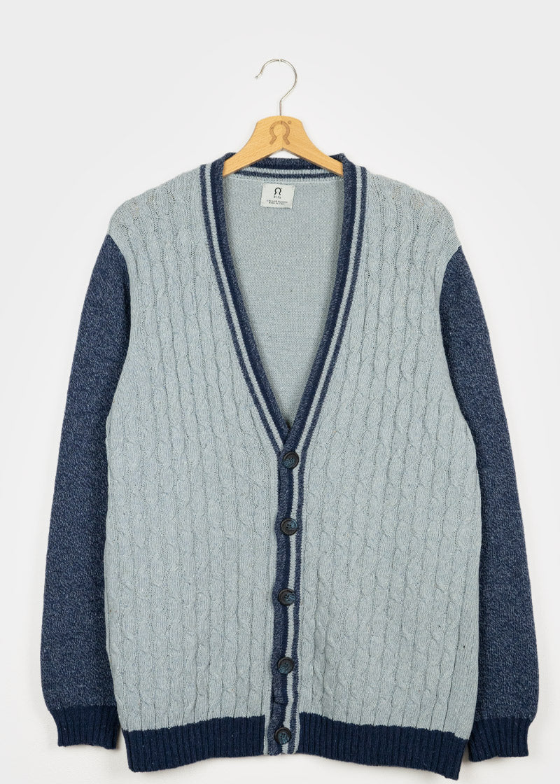 Azzurro Mediterraneo | Cardigan trecce over cotone jeans rigenerato