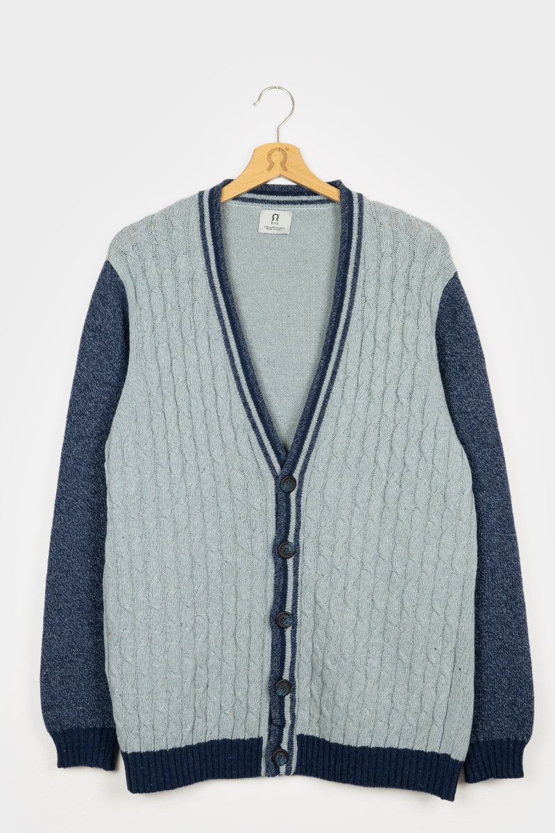 Azzurro Mediterraneo | Cardigan trecce over cotone jeans rigenerato