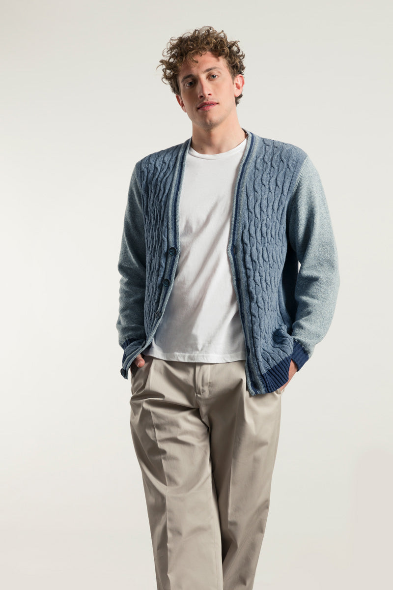 Blu Atlantico | Cardigan trecce over cotone jeans rigenerato