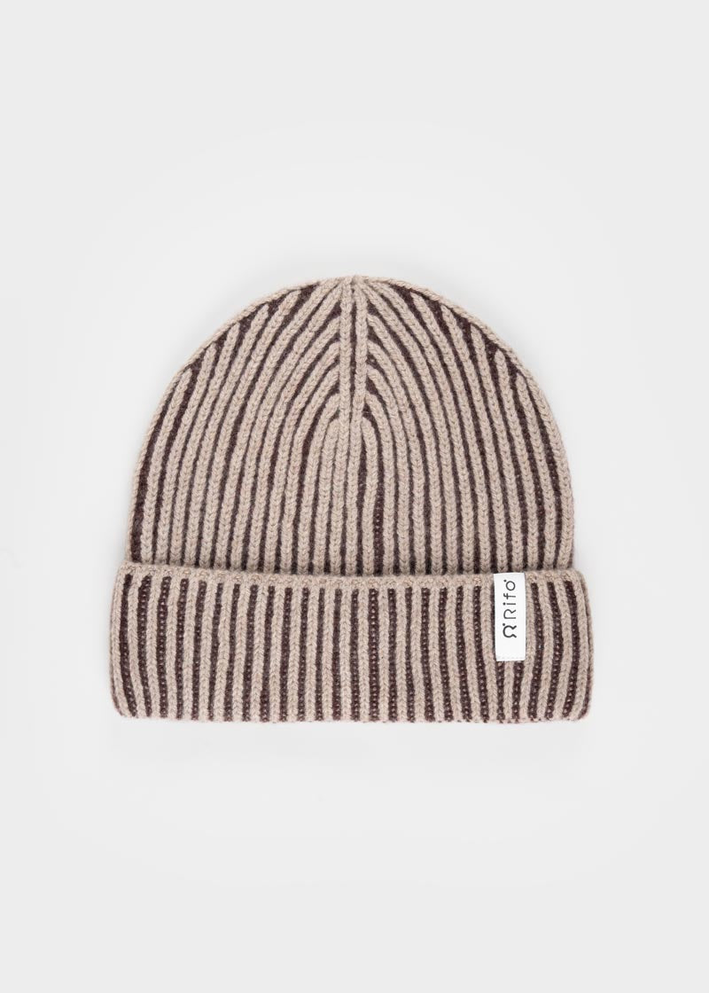 Beanie Cappello Uomo e Donna Cashmere Beige Marrone Teo - Rifò Lab Moda circolare made in Italy