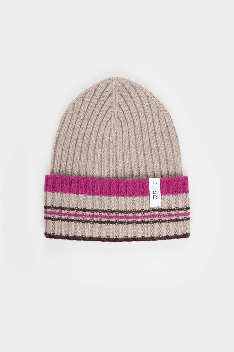 Cappello Cashmere Beanie Invernale a Righe Beige Mira - Rifò Lab Moda circolare made in Italy