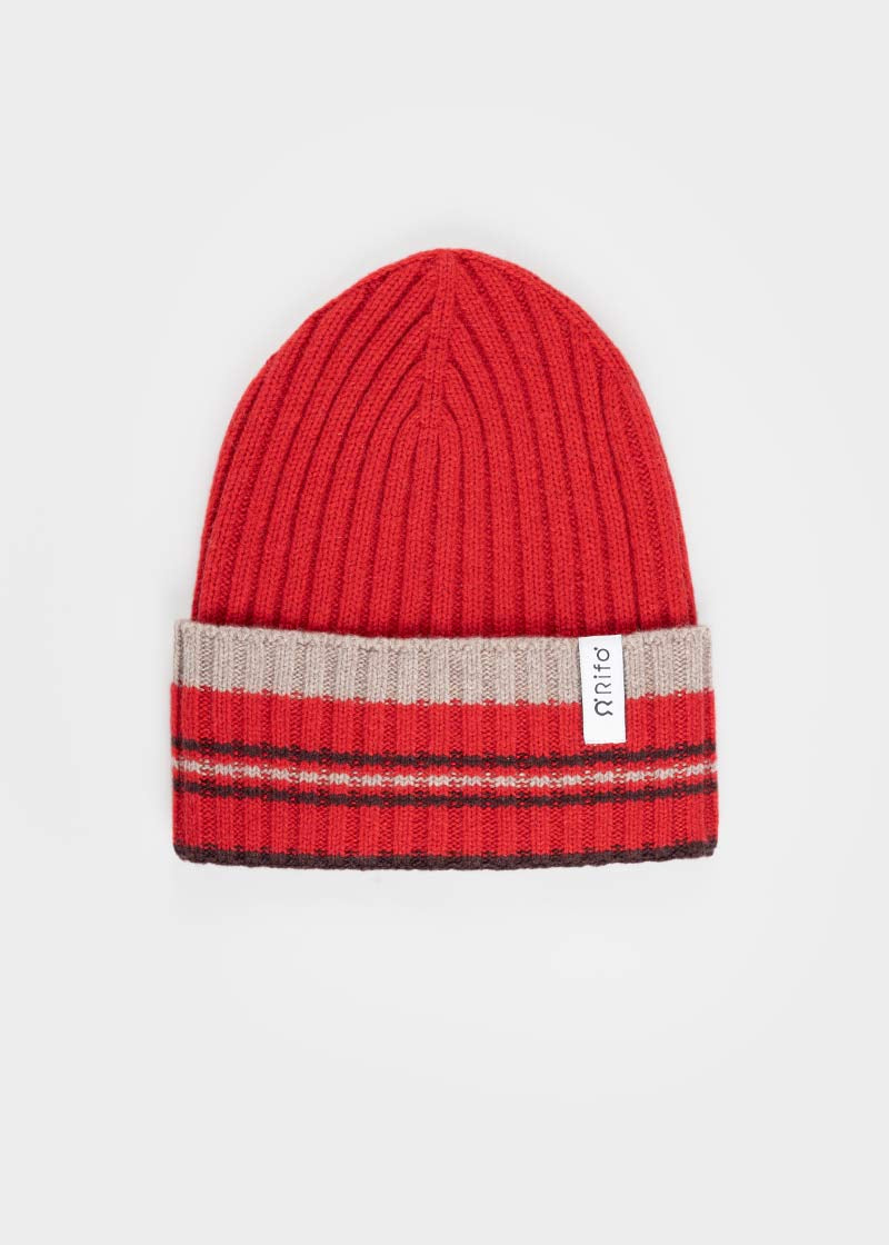 Cappello Cashmere Beanie Invernale a Righe Rosso Mira - Rifò Lab Moda circolare made in Italy