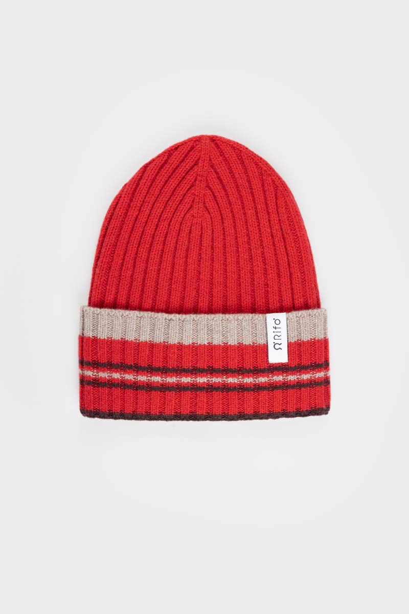 Cappello Cashmere Beanie Invernale a Righe Rosso Mira - Rifò Lab Moda circolare made in Italy