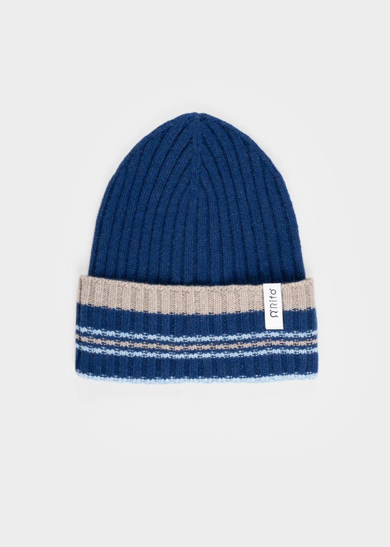 Cappello Cashmere Beanie Invernale a Righe Blu Mira - Rifò Lab Moda circolare made in Italy