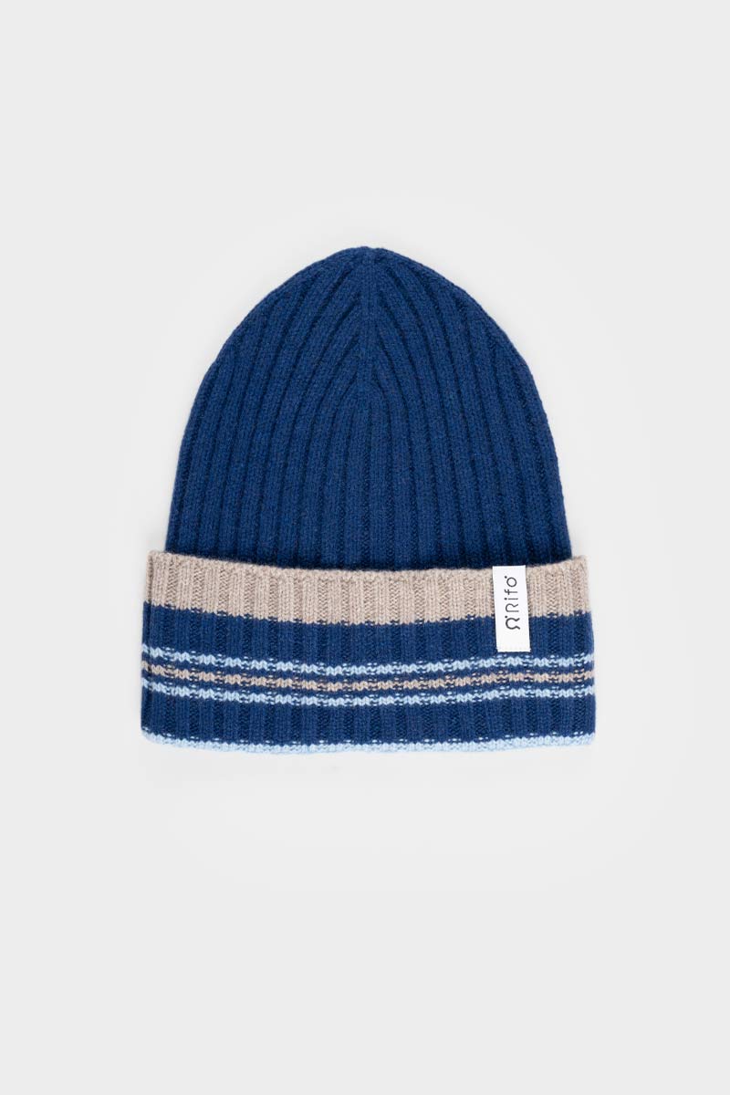 Cappello Cashmere Beanie Invernale a Righe Blu Mira - Rifò Lab Moda circolare made in Italy
