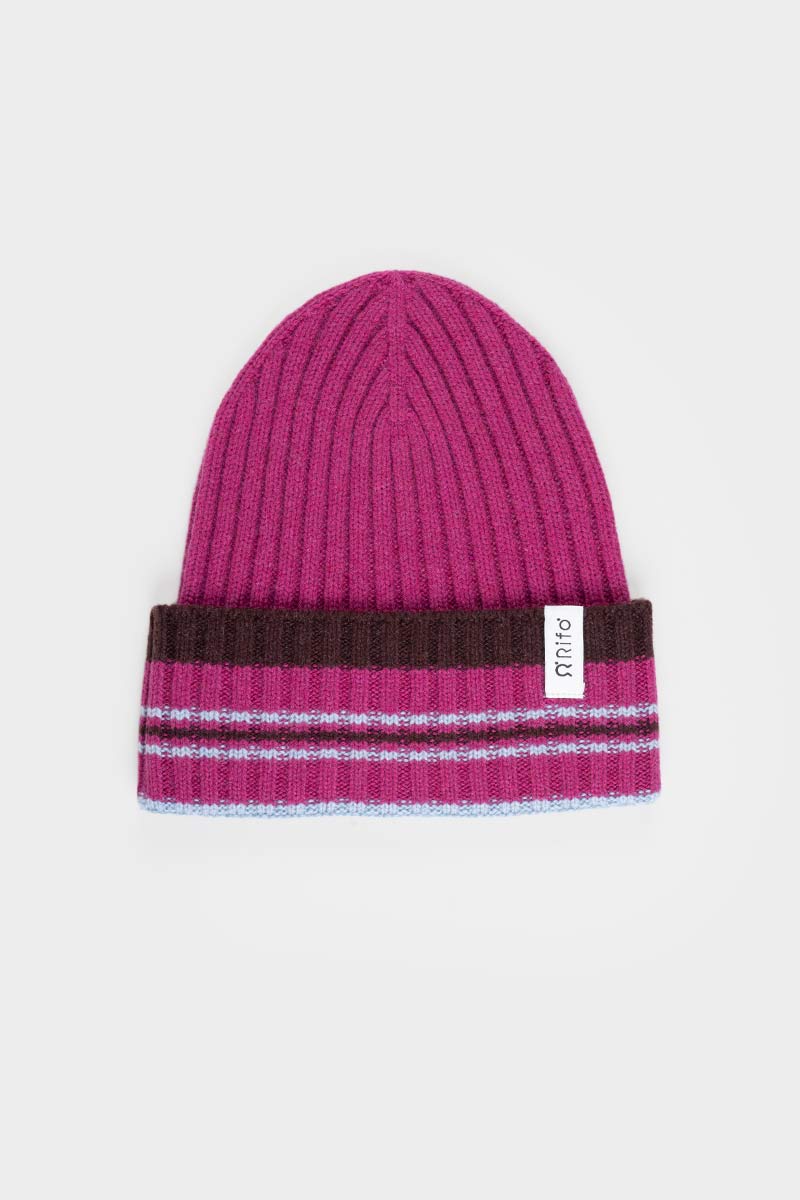 Cappello Cashmere Beanie Invernale a Righe Fucsia Mira - Rifò Lab Moda circolare made in Italy