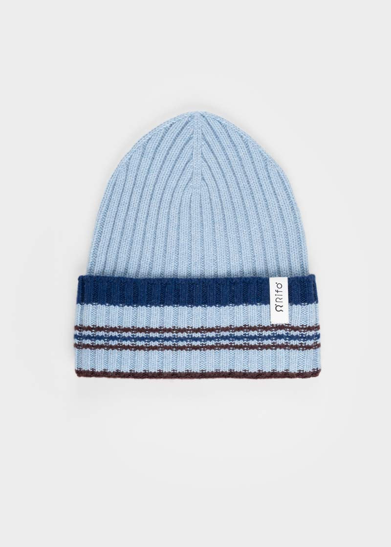 Cappello Cashmere Beanie Invernale a Righe Azzurro Mira - Rifò Lab Moda circolare made in Italy