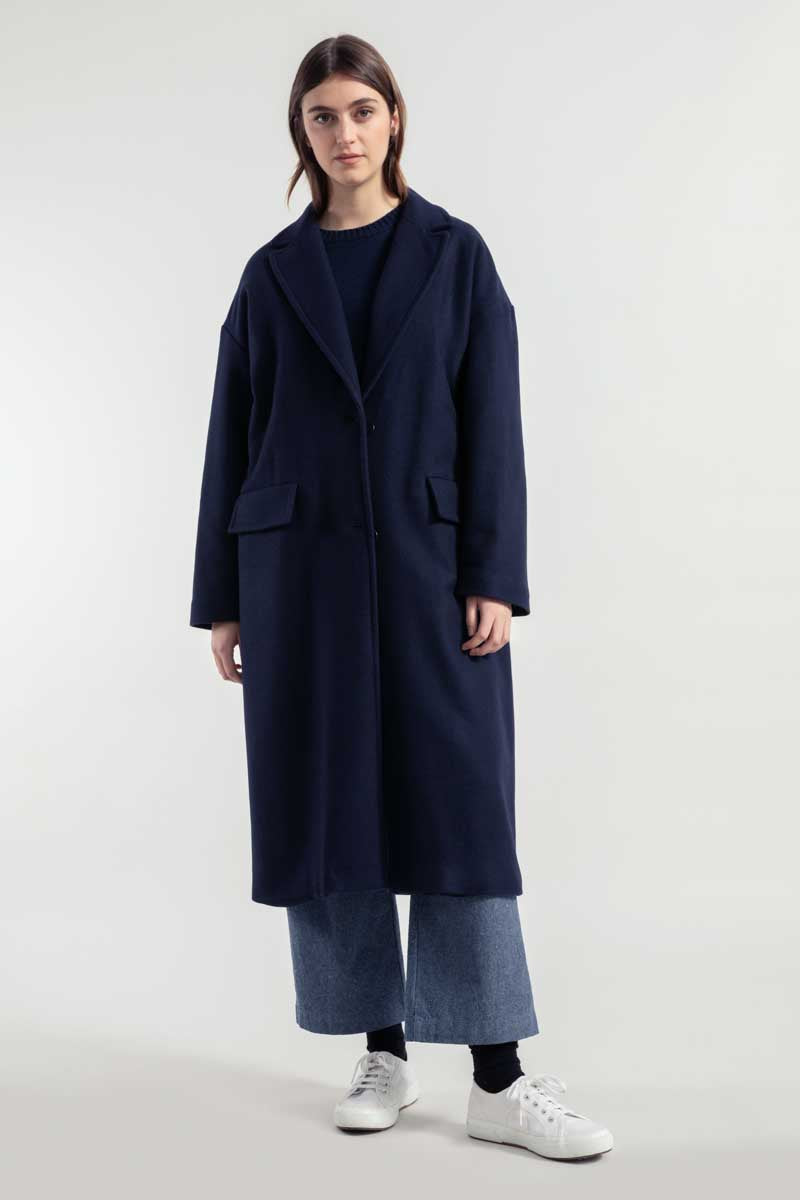 Women Long Recycled Wool Coat Mara Blue Rifo