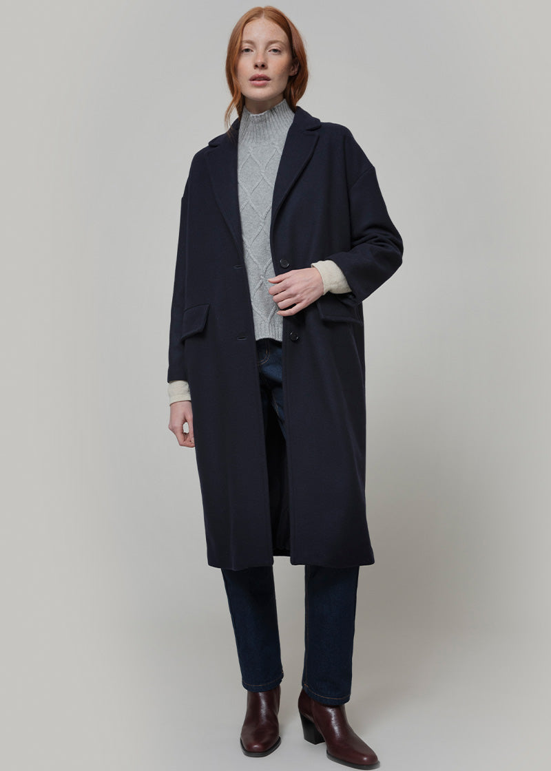 Cappotto-lungo-donna-lana-rigenerata-Mara-Blu Rifò Moda Circolare made in Italy