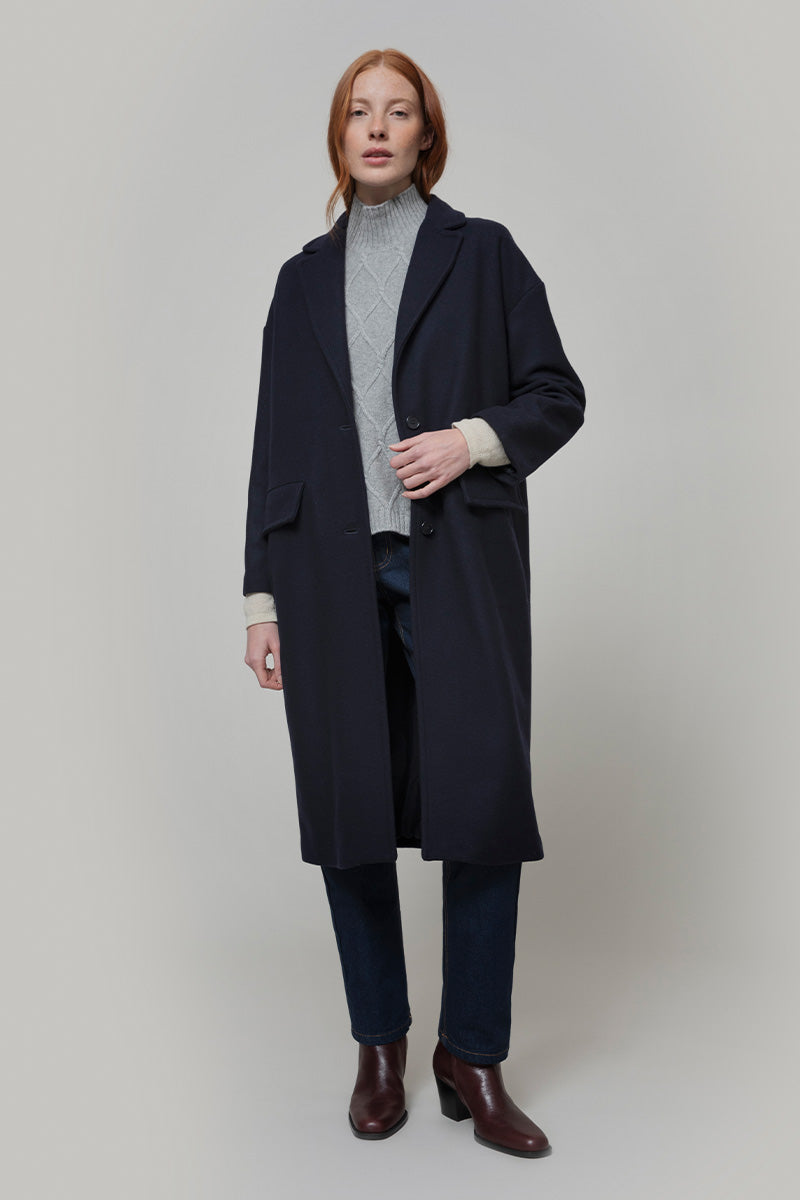 Cappotto-lungo-donna-lana-rigenerata-Mara-Blu Rifò Moda Circolare made in Italy