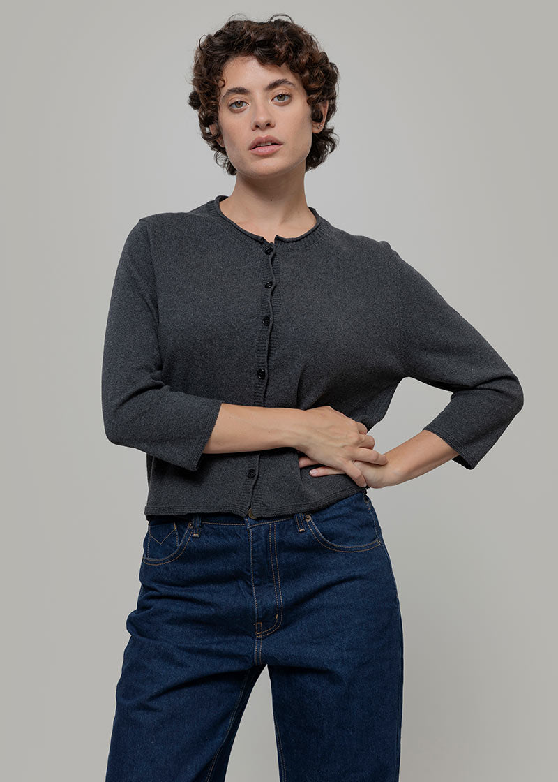 Cardigan Donna Manica Media Cotone Rigenerato Leda grigio nero - Rifò Lab Moda circolare made in Italy