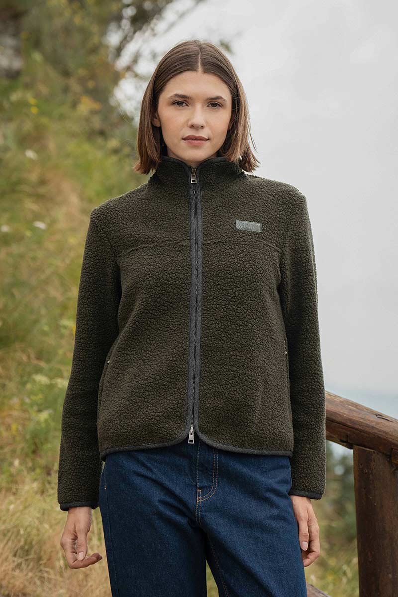 Giacca Pile Donna Teddy Lana Margaret  100% Lana Rigenerata - Rifò Lab Moda circolare made in Italy 
Verde Foresta