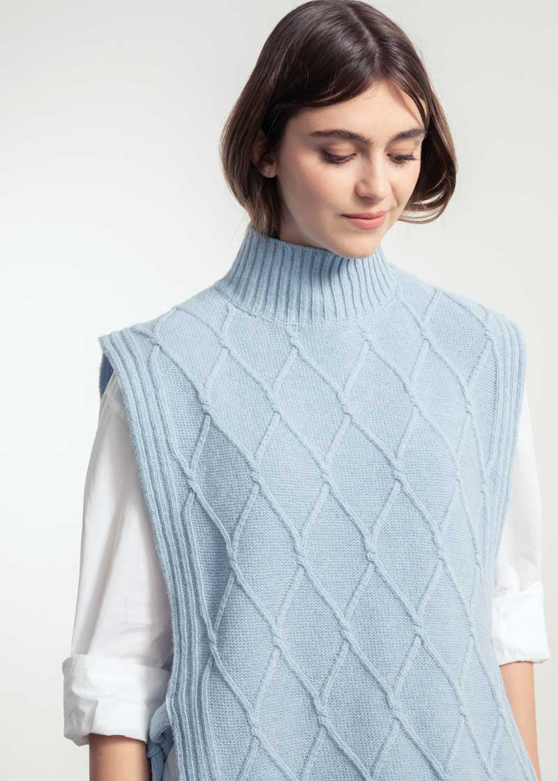 Gilet Collo Alto Lana Rigenerata Delia Azzurro