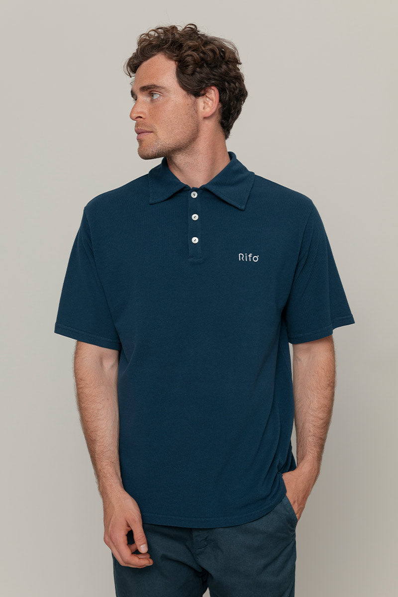 Maglietta Polo Uomo Manica Corta Cotone Blu - Moda Circolare Rifò