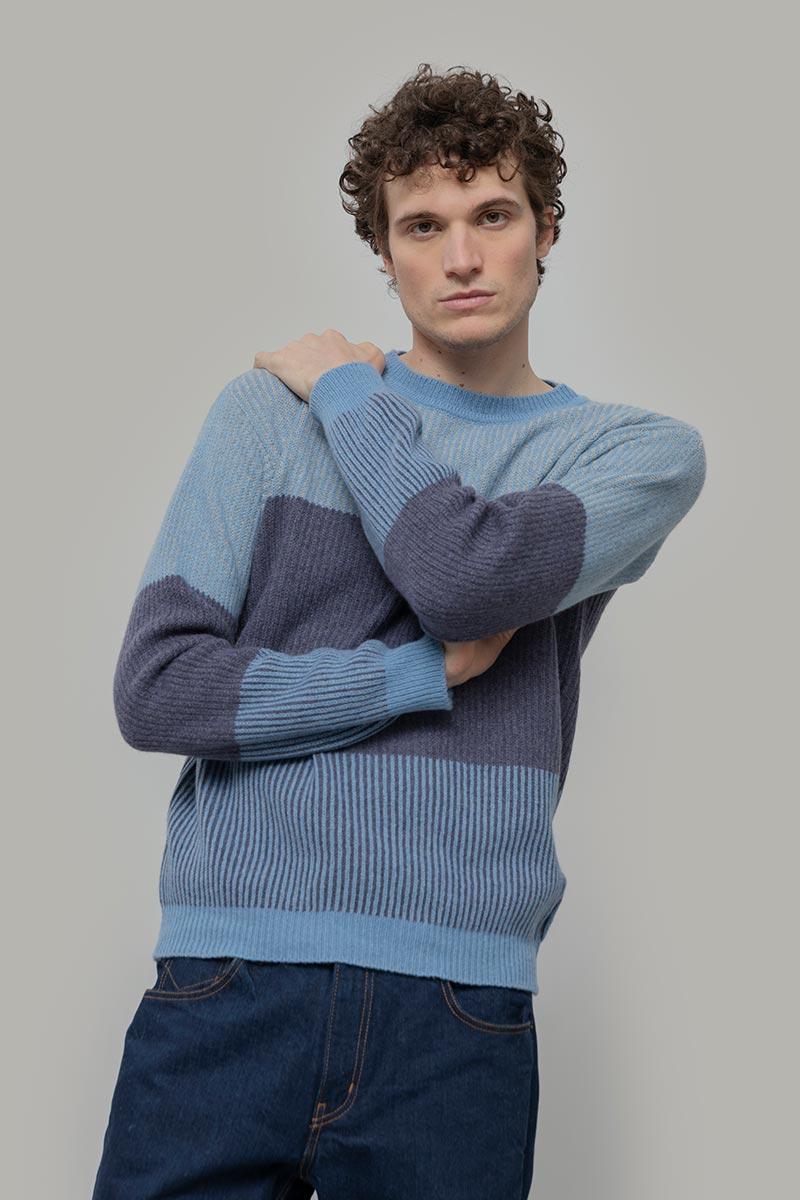 Maglia Unisex Cashmere Rigenerato Zero Waste Trio Azzurro Ortensia