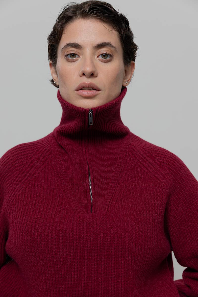 Women Half-zip Turtleneck Sweater Recycled Wool Red - Rifò