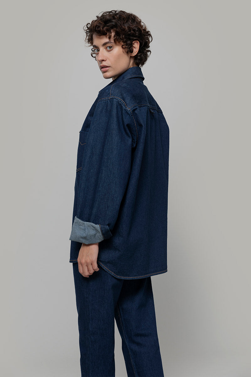 Overshirt Giacca Denim Rigenerato Unisex Remi Blu Indigo - Rifò Lab Moda circolare made in Italy