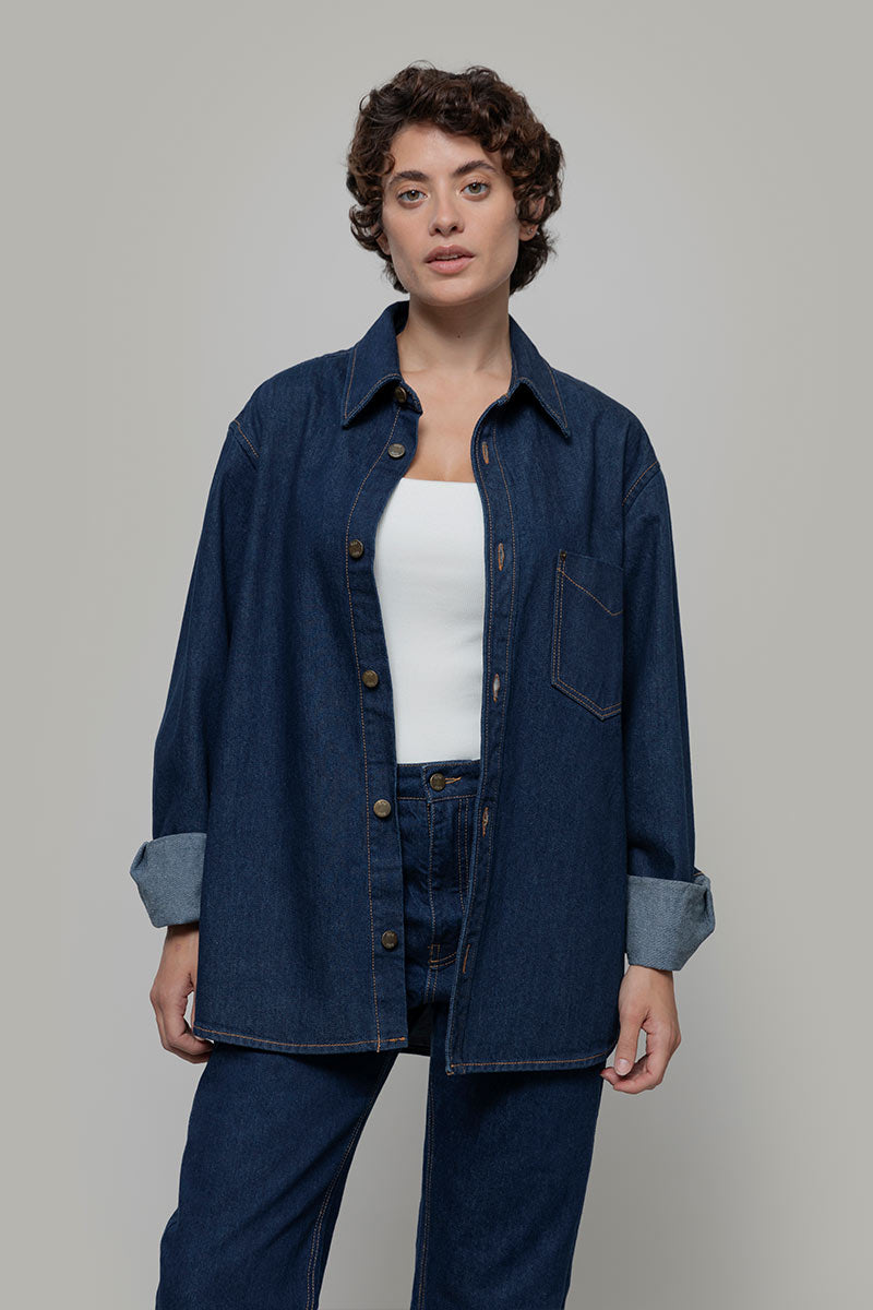 Overshirt Giacca Denim Rigenerato Unisex Remi Blu Indigo - Rifò Lab Moda circolare made in Italy