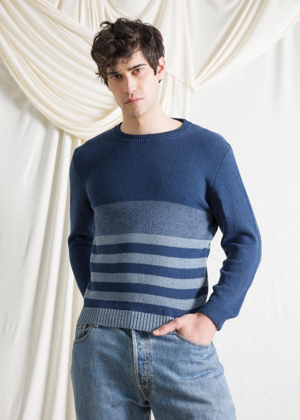 Blu Baltico | Maglioncino righe jeans rigenerato Marlon