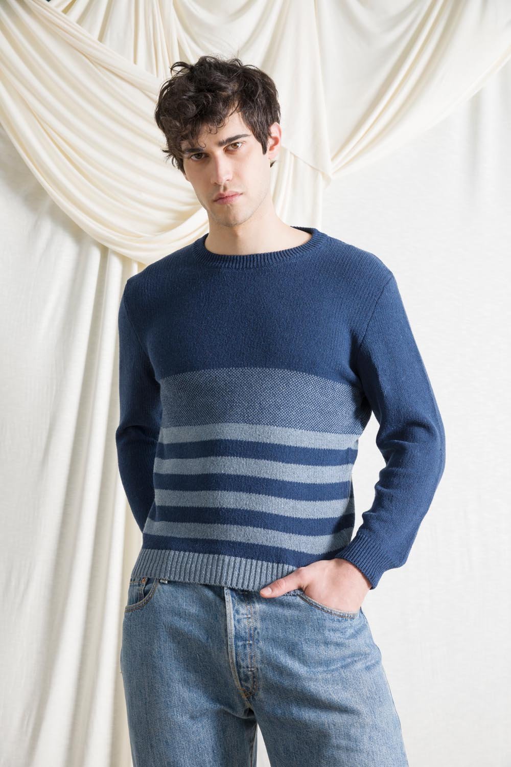 Blu Baltico | Maglioncino righe jeans rigenerato Marlon