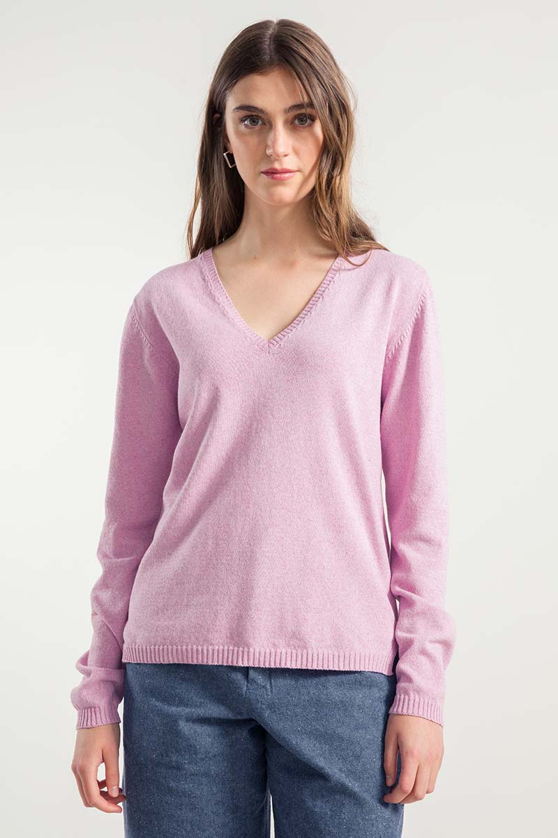 Maglia Cotone Donna Scollo V Arianna Rosa - Moda Circolare Rifò