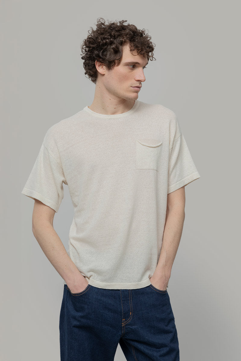 T-shirt in Maglia Uomo Lino Riciclato Bianco Marrone - Rifò