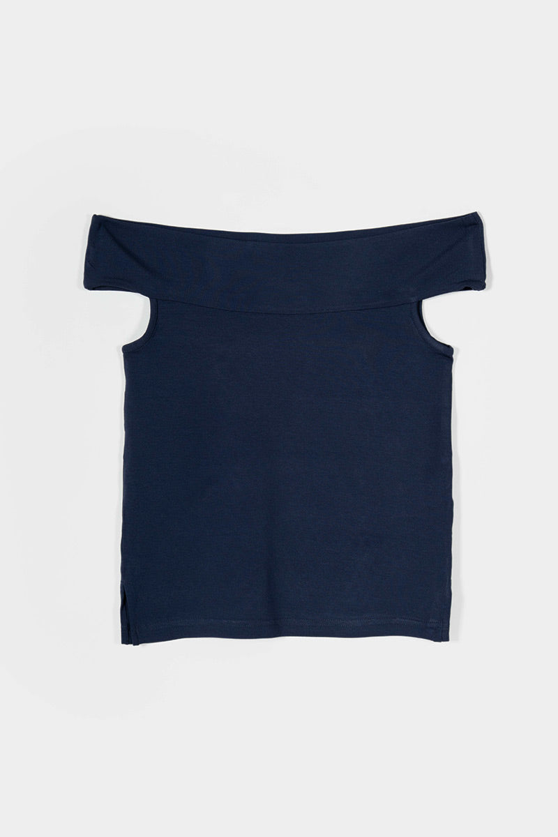 Top Spalle Scoperte Scollo Bardot Viscosa Blu Rosalia - Rifò Lab Moda circolare made in Italy