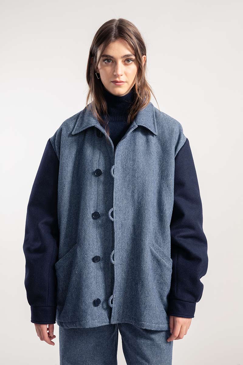 Giacca Bomber Lana Rigenerata Unisex Leone Blu - Moda Circolare Rifò