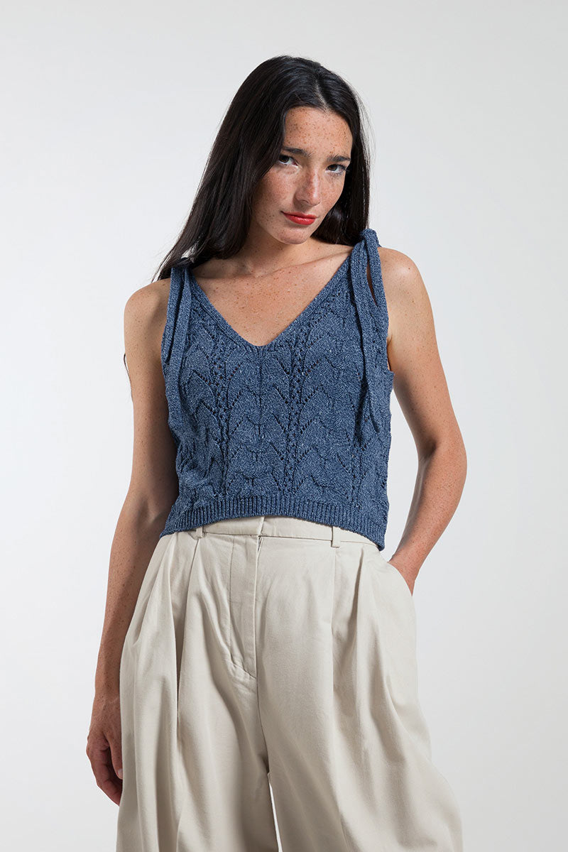 Mouline Blu Baltico | Top in maglia traforato