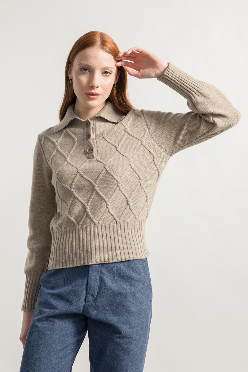 Maglione Polo Donna 100% Lana Sara Beige - Moda Sostenibile Rifò