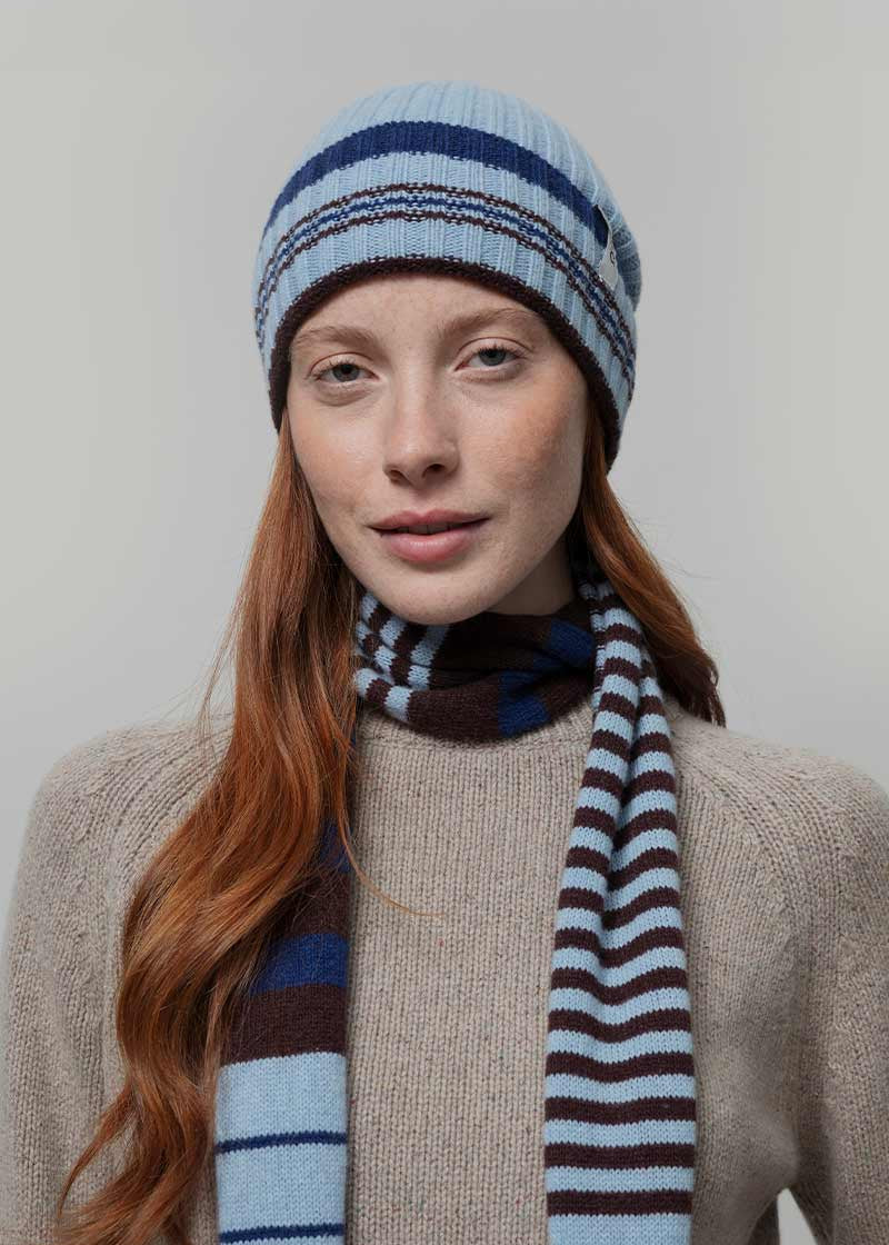 Cappello Cashmere Beanie Invernale a Righe Azzurro Mira - Rifò Lab Moda circolare made in Italy