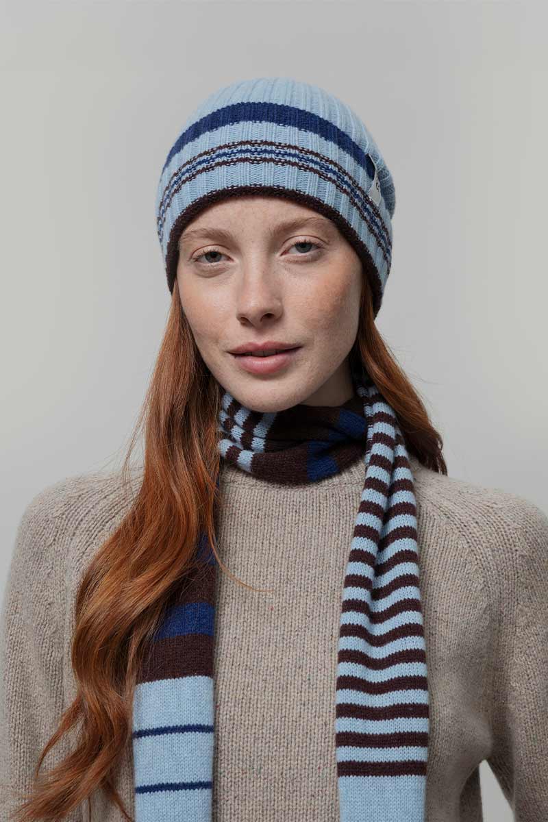 Cappello Cashmere Beanie Invernale a Righe Azzurro Mira - Rifò Lab Moda circolare made in Italy