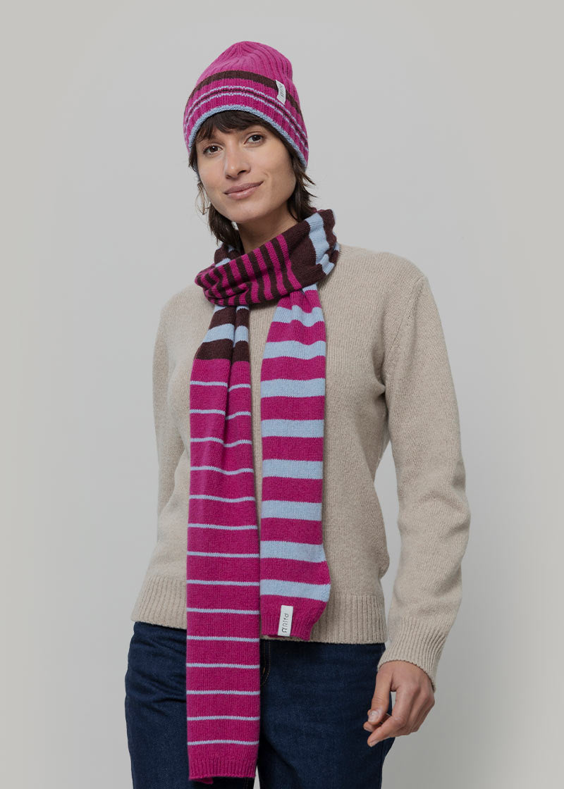 Cappello Cashmere Beanie Invernale a Righe Fucsia Mira - Rifò Lab Moda circolare made in Italy