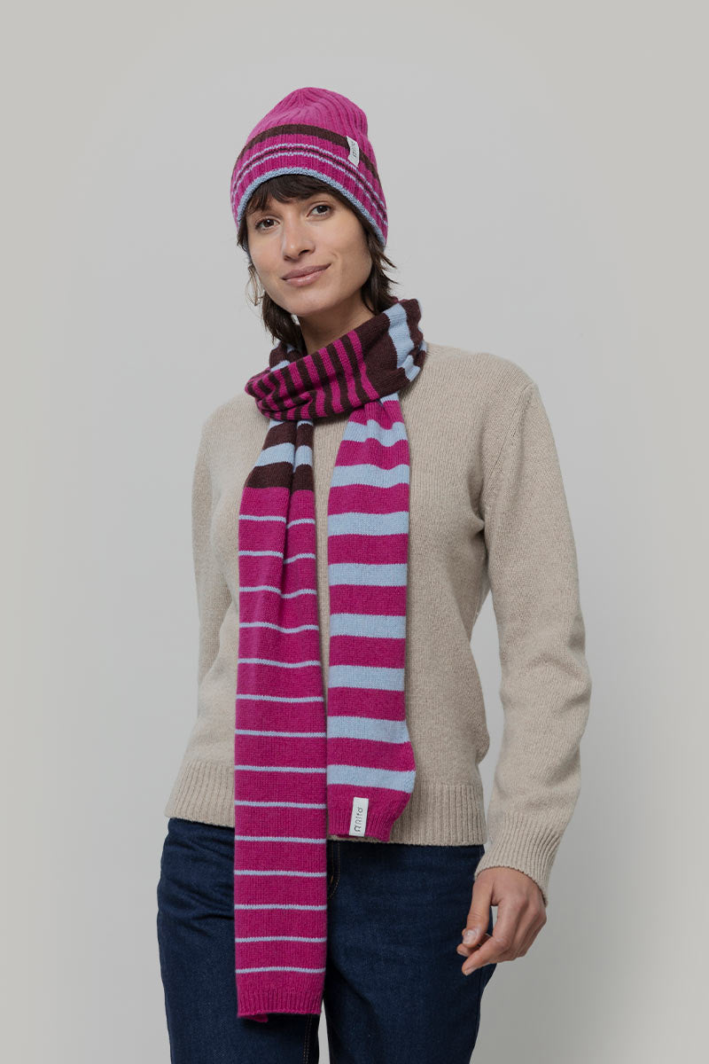 Cappello Cashmere Beanie Invernale a Righe Fucsia Mira - Rifò Lab Moda circolare made in Italy