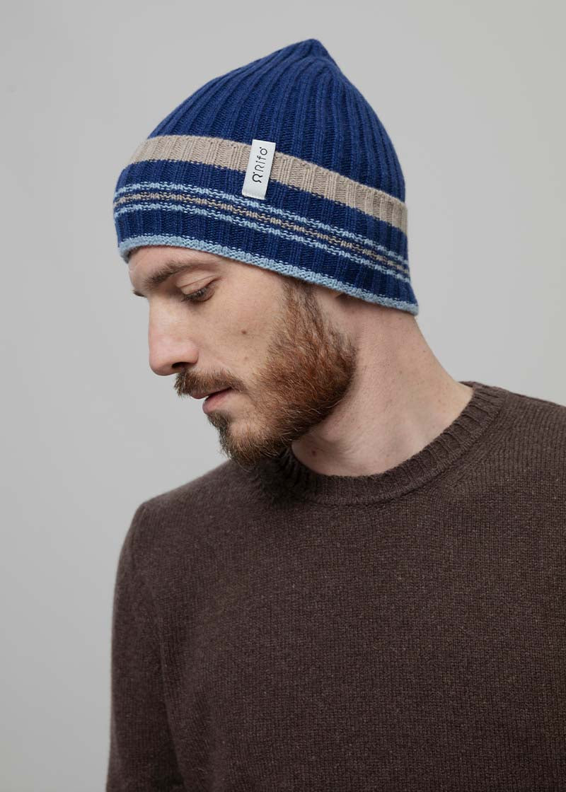 Cappello Cashmere Beanie Invernale a Righe Blu Mira - Rifò Lab Moda circolare made in Italy