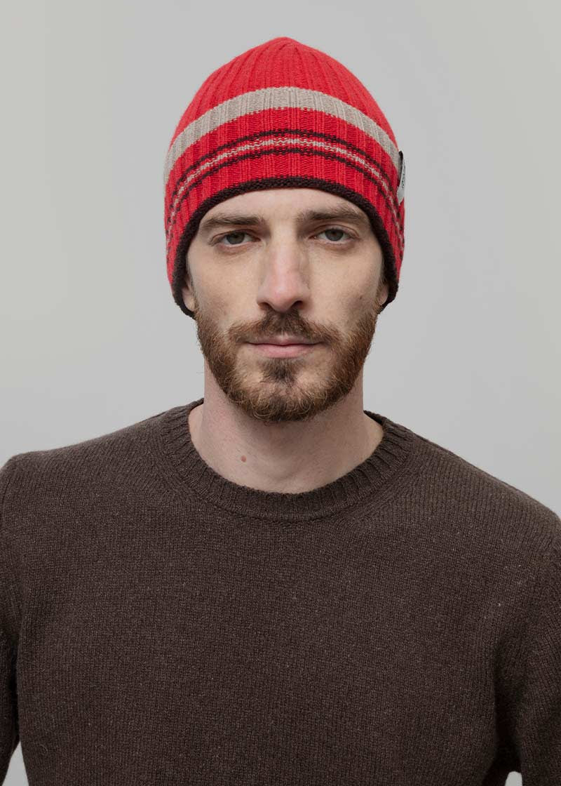 Cappello Cashmere Beanie Invernale a Righe Rosso Mira - Rifò Lab Moda circolare made in Italy