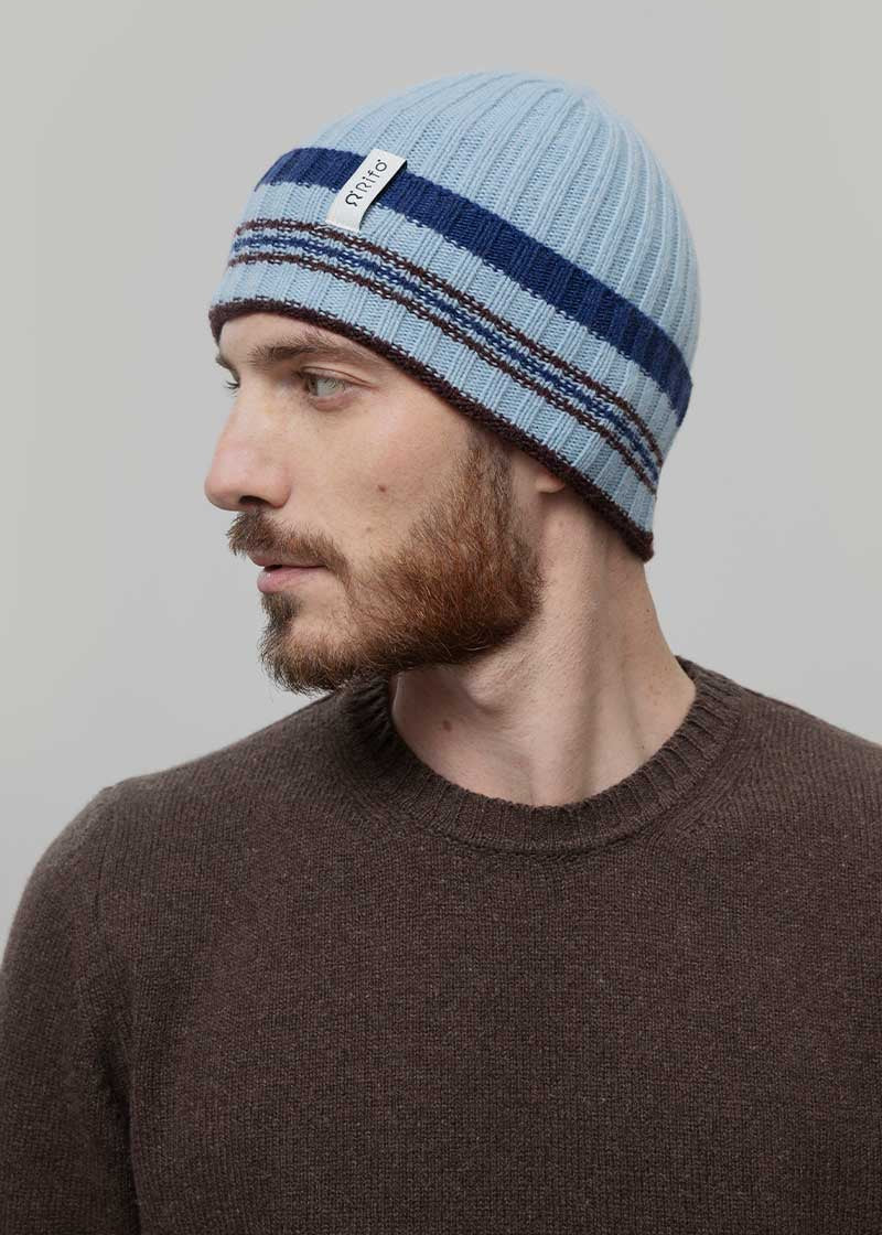 Cappello Cashmere Beanie Invernale a Righe Azzurro Mira - Rifò Lab Moda circolare made in Italy